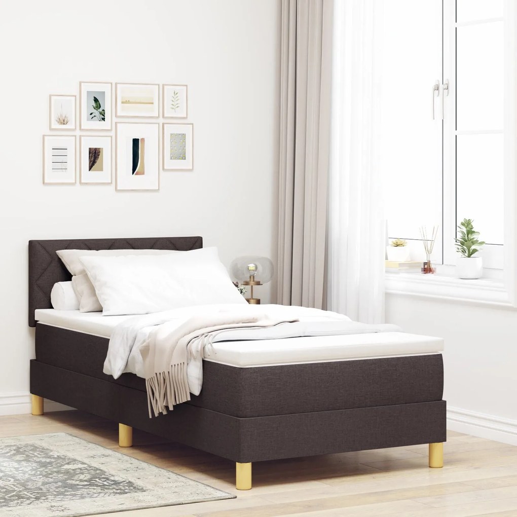 Cama Box com Colchão & LED Castanho Escuro 90x200 cm Tecido