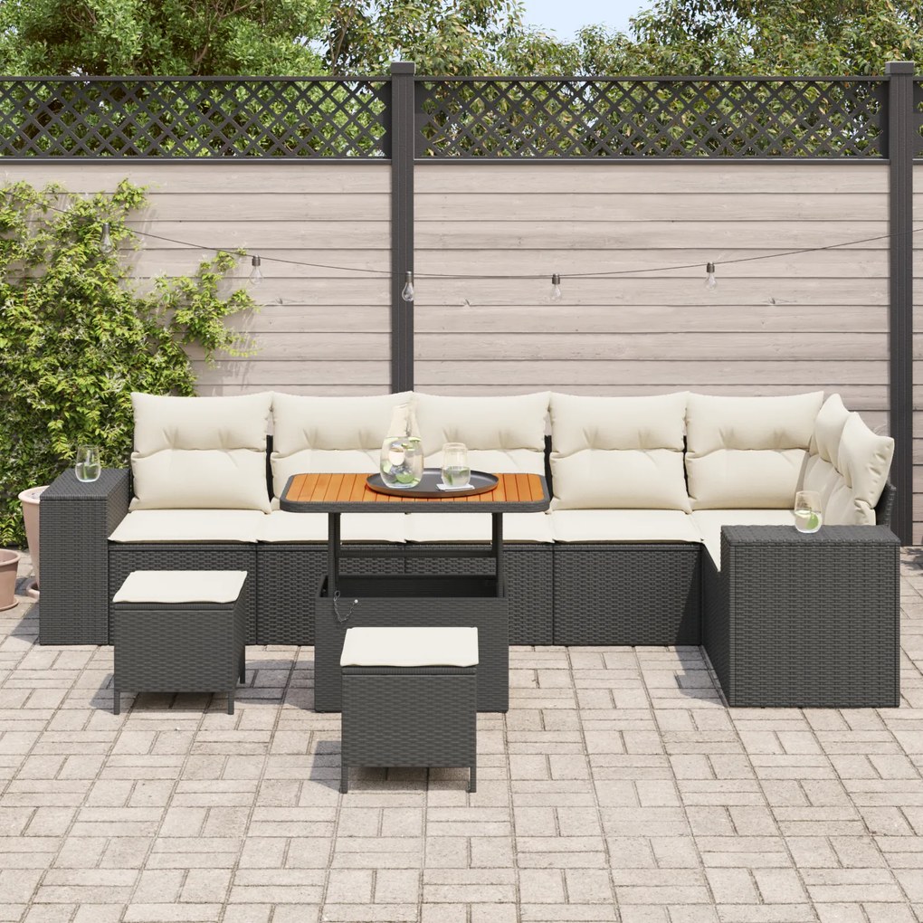 Conjunto de Sofá Jardim de 9 Peças com Almofadas Preto Rattan Acácia,