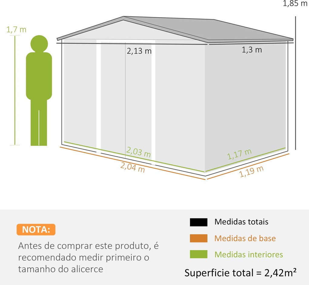 Abrigo de Jardim 2,42 m 213x130x185 cm Abrigo de Jardim Metálico para Armazenamento com 2 Portas Deslizantes e 4 Janelas Cinza Claro