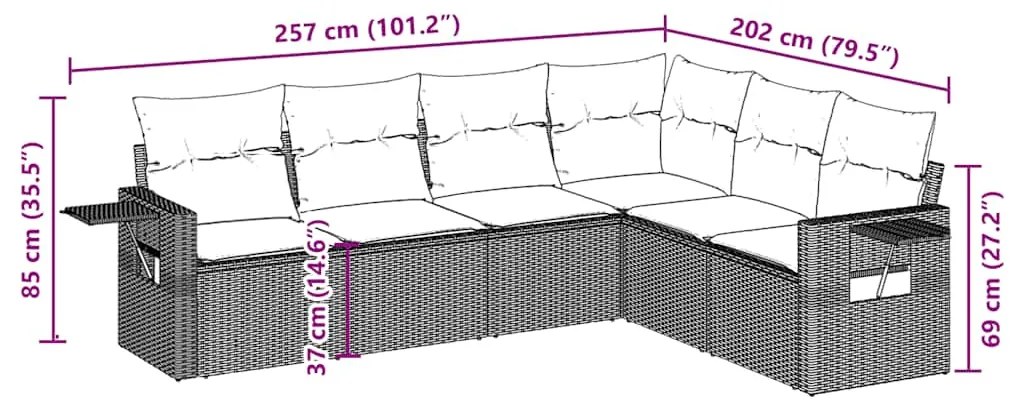 6 pcs conjunto sofás de jardim c/ almofadões vime PE preto