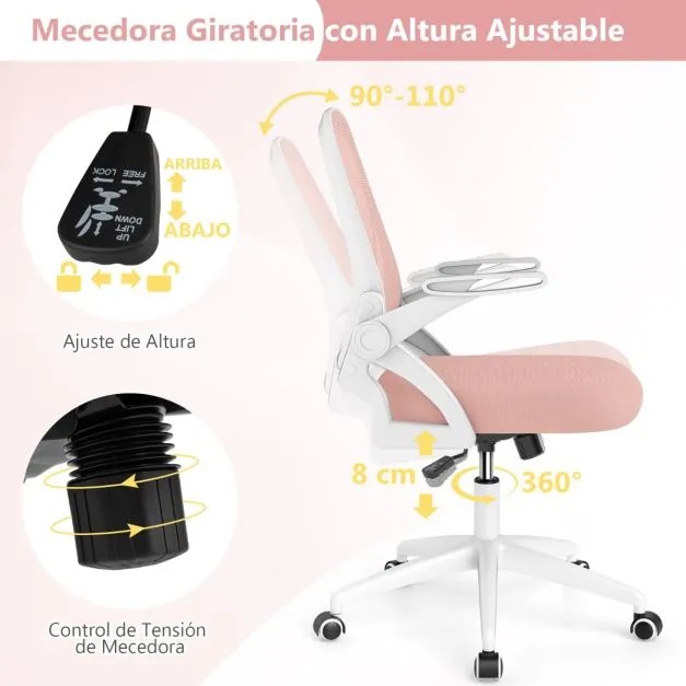 Cadeira de escritório ergonómica com apoio lombar integrado, apoios de braços rebatíveis, rodas universais, altura ajustável, Rosa