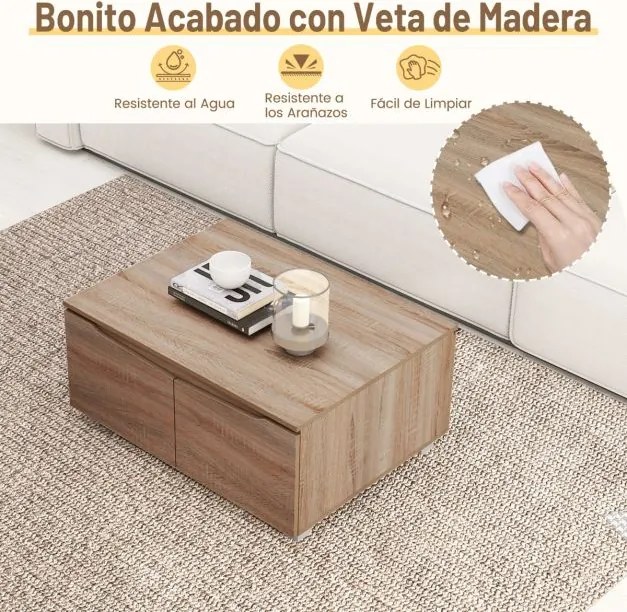 Mesa de centro rústica 80 x 60 x 37 cm baixa com arrumação com 4 portas e abertura em 2 direções castanha