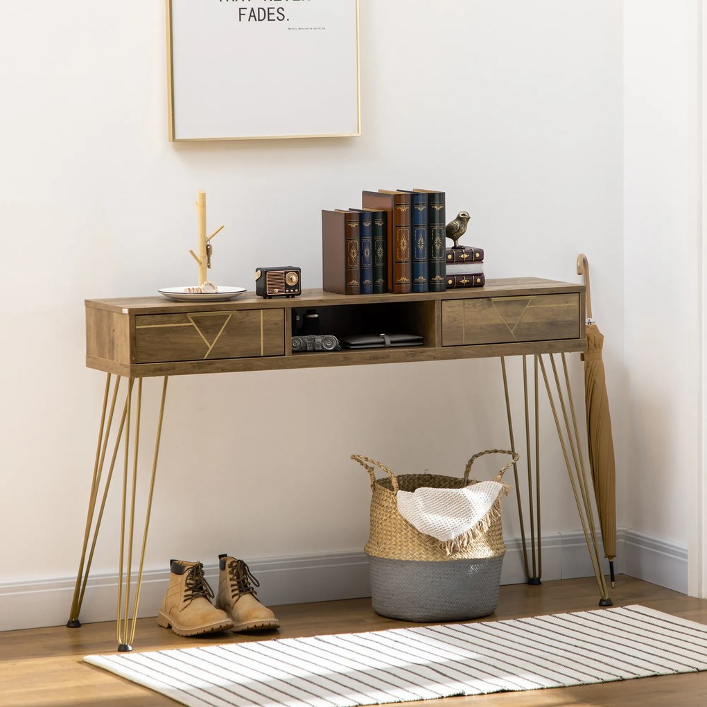 HOMCOM Consola Móvel de Entrada com 2 Gavetas Prateleira Aberta e Pés de Aço para Sala de Estar Corredor Estilo Moderno 120x29x79cm Madeira e Bronze