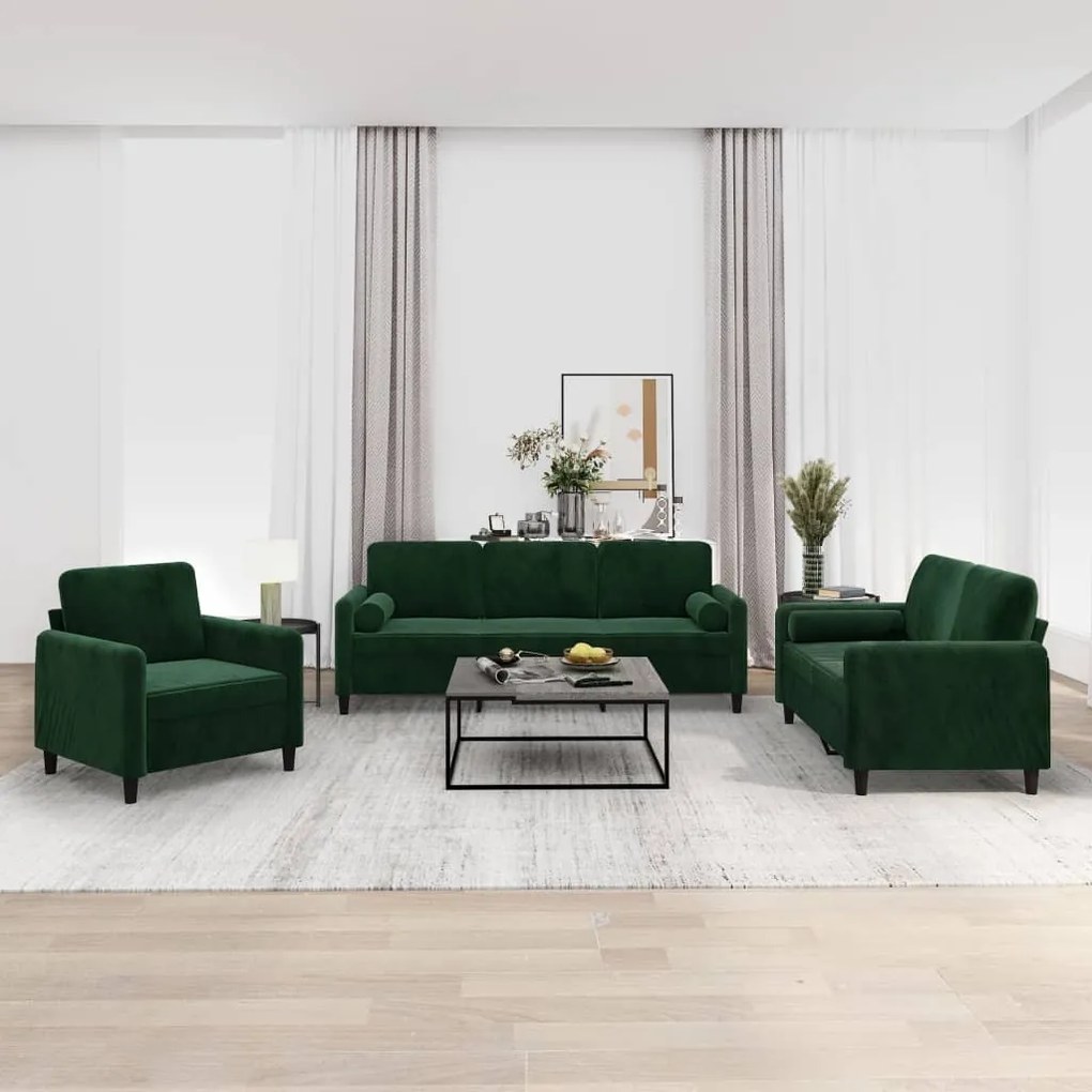 vidaXL 3pcs conjunto sofás c/ almofadas/almofadões veludo verde-escuro