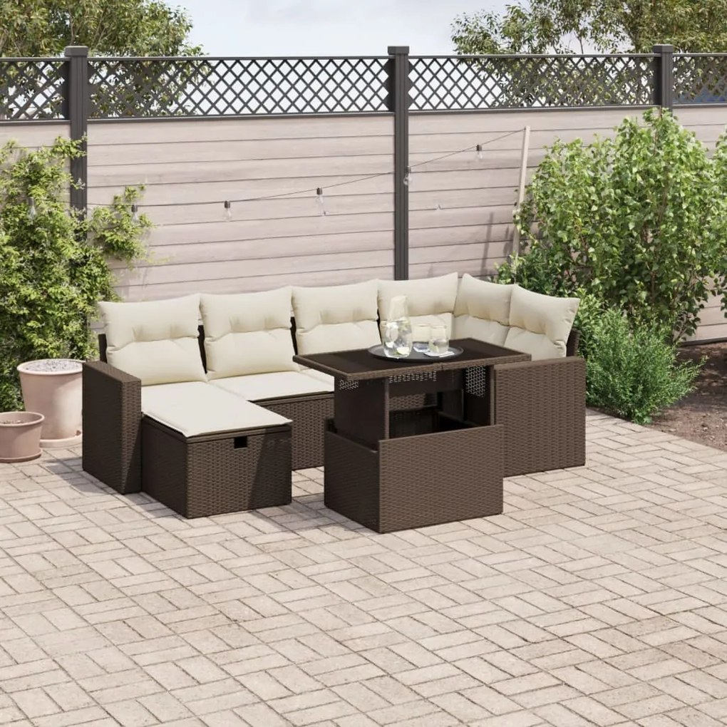 7 pcs conjunto de sofás jardim c/ almofadões vime PE castanho