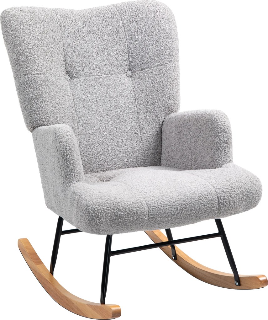 HOMCOM Poltrona para Amamentação de Baloiço em Borrego com Encosto Capitonê e Base de Madeira 65x88x87 cm Cinza Claro | Aosom Portugal