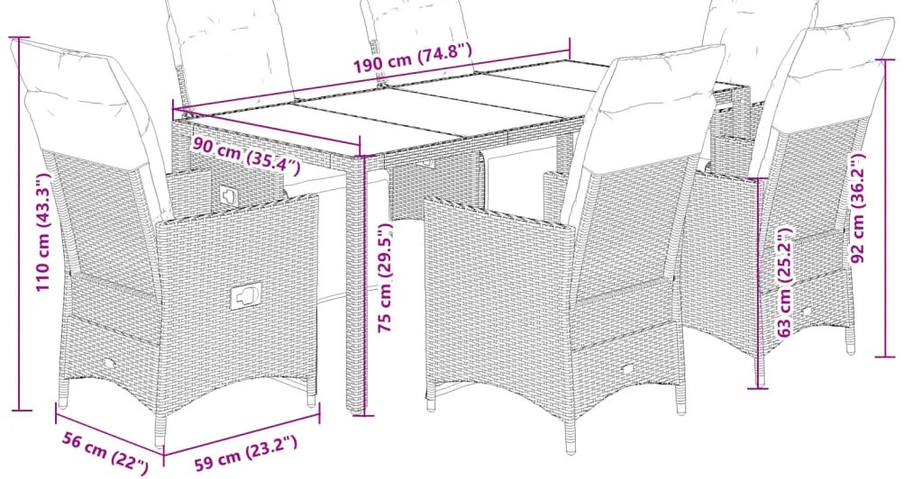 7 pcs conjunto bistrô de jardim c/ almofadões vime PE castanho