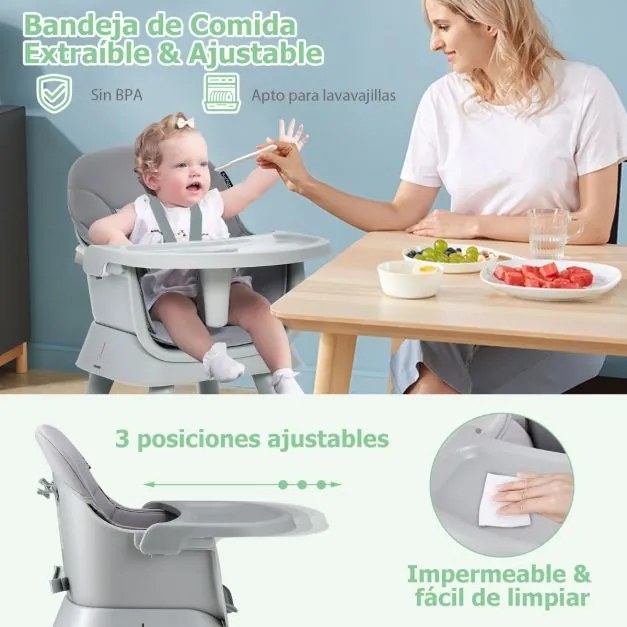 Cadeira refeiçoes bebés alta 6 em 1 convertível para bebé Cadeira de jantar Conjunto de mesa e cadeira para crianças com almofada para tabuleiro amoví