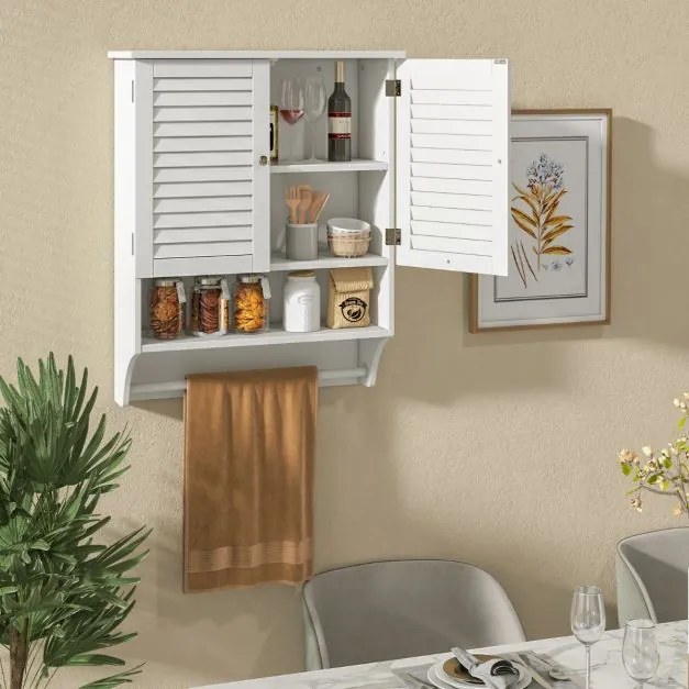 Armário de parede para casa de banho com 2 portas Estante ajustável Toalheiro 60 x 22 x 75 cm Branco