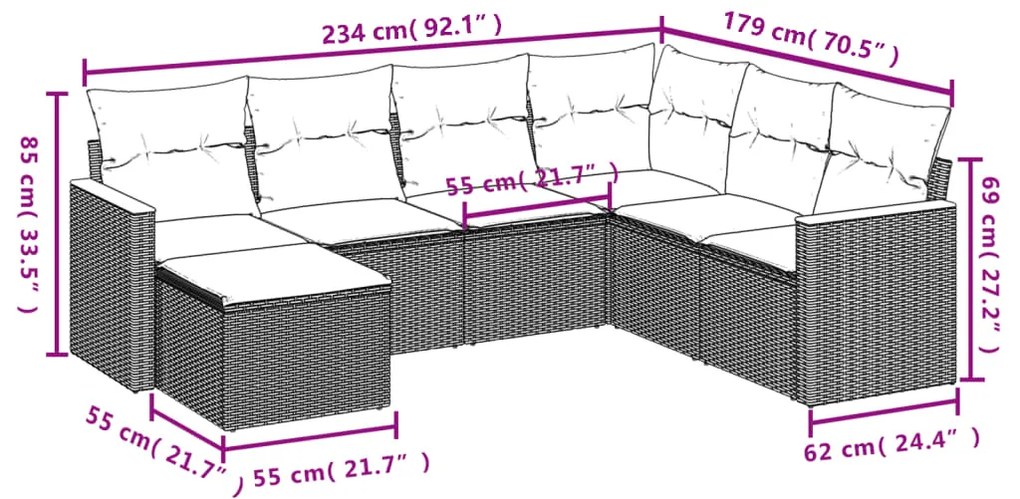 7 pcs conjunto de sofás p/ jardim c/ almofadões vime PE preto