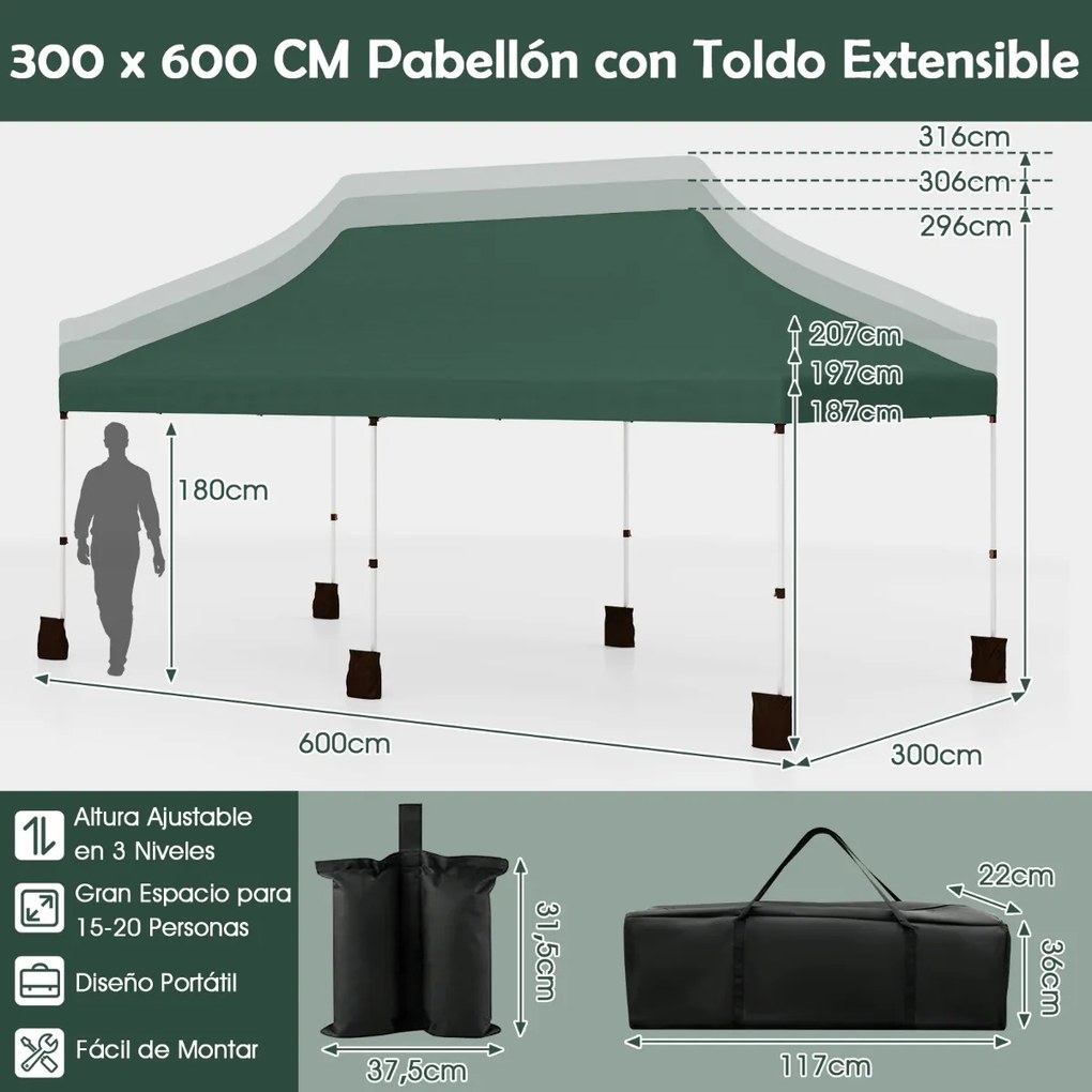 Tenda Pop Up Festas, Feiras, Jardim dobrável de 3 x 6 m com bolsa de transportee 6 sacos areia, portátil para festas com altura ajustável verde