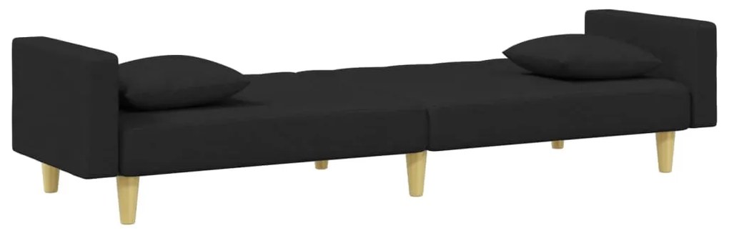 Sofá-cama 2 lugares c/ almofadas e apoio de pés tecido preto