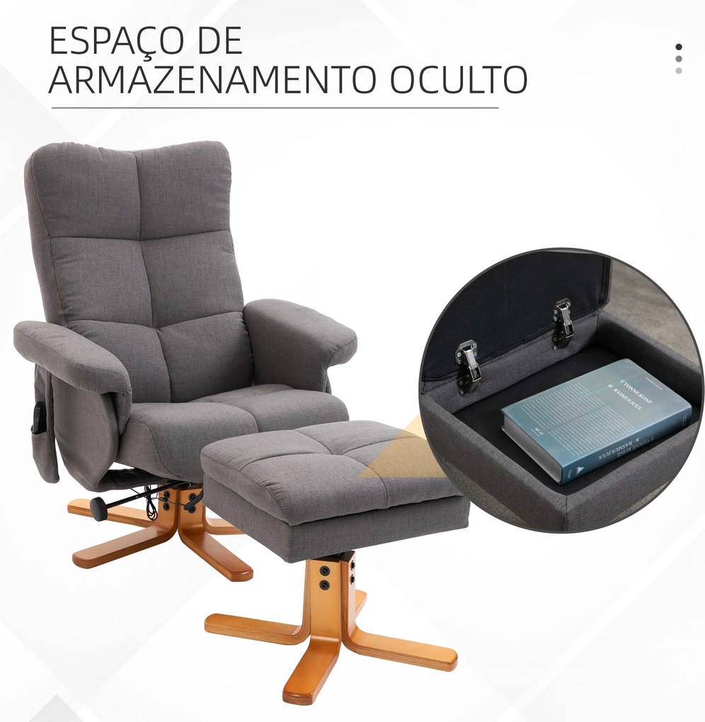 Poltrona Relax Reclinável com Apoio para os Pés 10 Pontos de Massagem Giratória Comando Remoto Bolso Lateral Cinzento Escuro