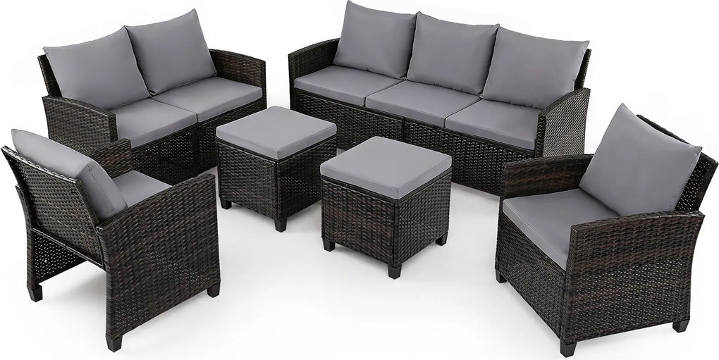 Conjunto de 6 Peças de Jardim com Sofás, Poltronas e Apoios para os Pés, Vime de PE, Castanho e Cinzento