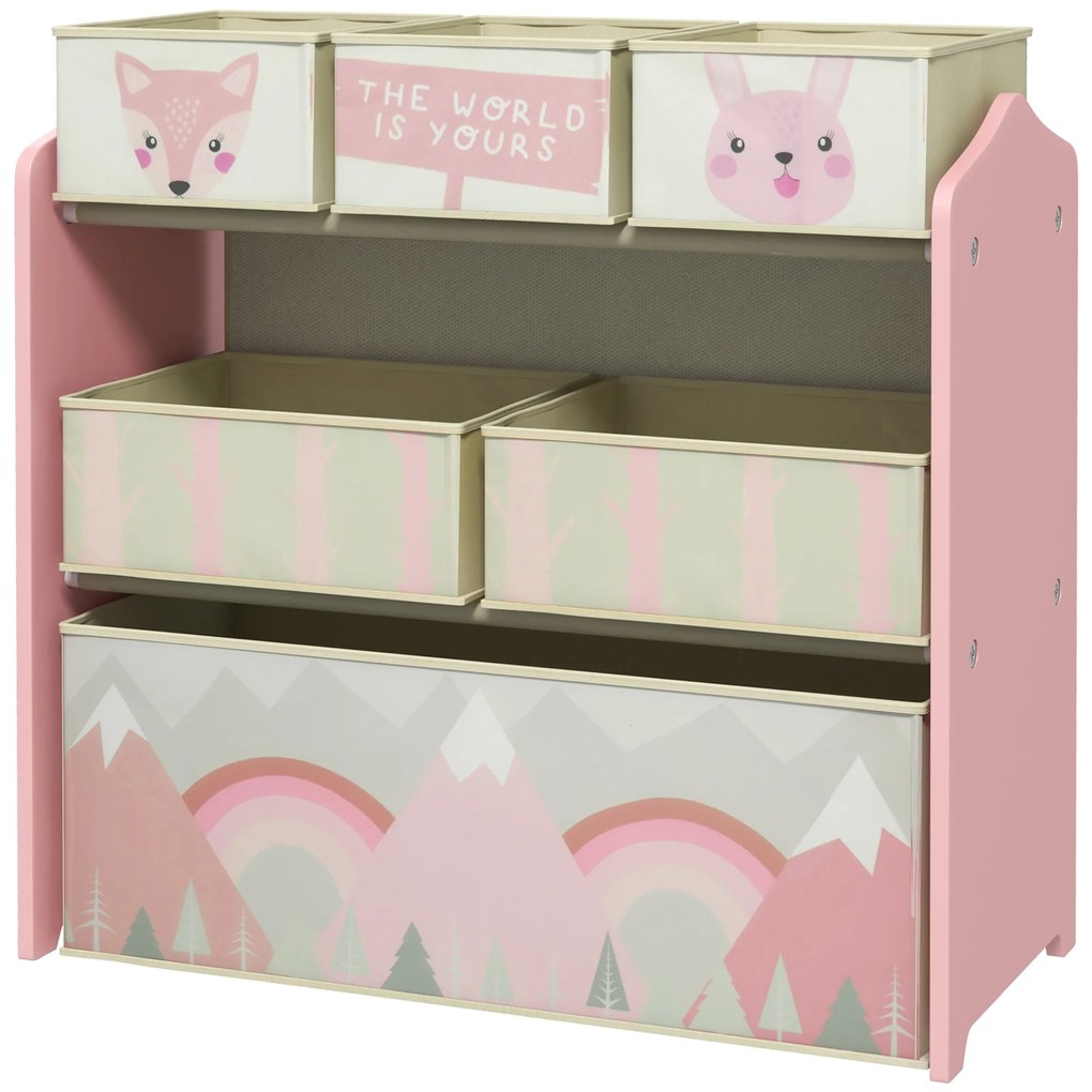 ZONEKIZ Estante para Brinquedos com 6 Caixas de Tecido não Tecido Amovíveis Organizador de Brinquedos 63x30x66 cm Rosa