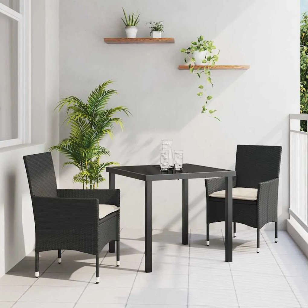 vidaXL Conjunto de Jantar de Jardim de 3 Peças com Almofadas Pretas em Rattan Sintético