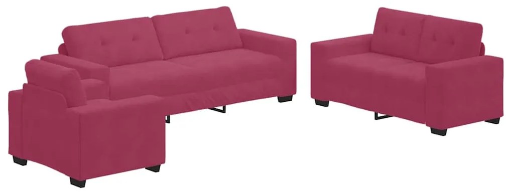 Conjunto de Sofá 3 Peças com Almofadas Vermelho Vinho em Veludo