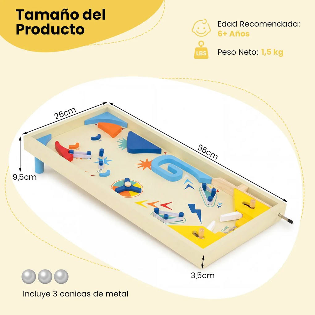 Mesa de Pinball de Madeira, 55 x 26 x 9,5 cm, Jogo Educativo Infantil, Multicolorida