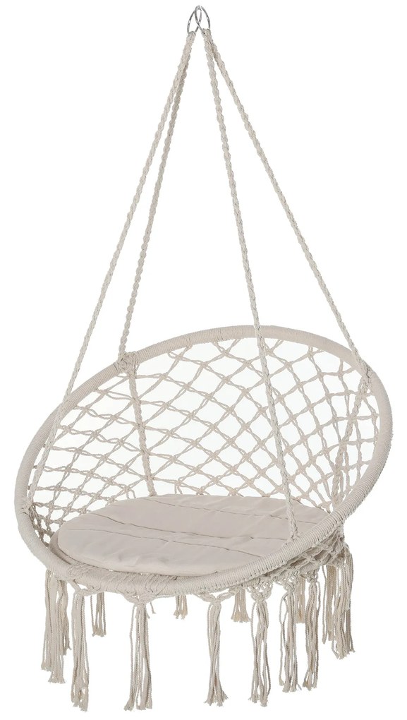 Outsunny Cadeira suspensa redonda Ø60 cm de rede de balanço com almofada e corda de algodão para interior e exterior 80x80x42 cm bege