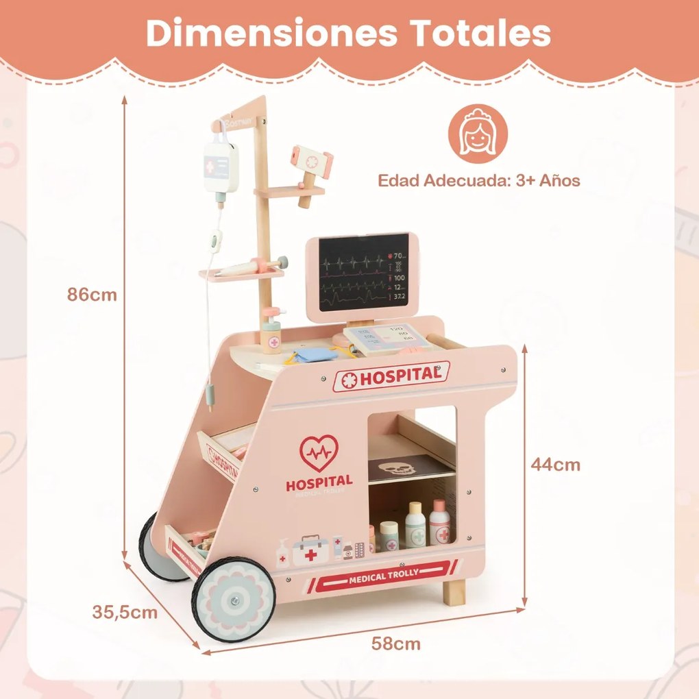 Kit médico de madeira para crianças com carrinho e máquina de tomografia computadorizada Estetoscópio Centro de atividades móvel Brinquedo para crianç