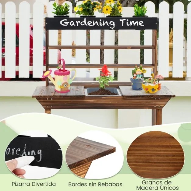 Mesa de jardim para crianças de abeto para crianças dos 3 aos 7 anos com pia amovível 4 vasos Quadro negro adicional Jardim