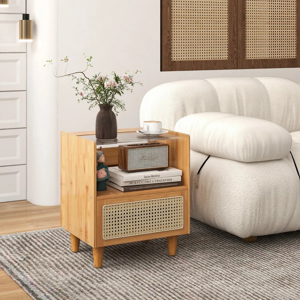 Mesa de cabeceira, Mesa de apoio de bambu e rattan com gaveta e pernas de madeira maciça 43 x 35 x 50 cm Natural