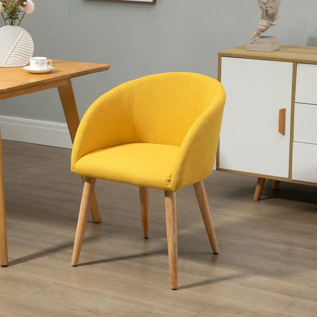 HOMCOM Cadeira de Sala de Jantar Estofada em Linho Sintético Transpirável com Assento Acolchoado e Pés de Madeira Cadeira Moderna para Sala de Estar Dormitório 55x58x74cm Amarelo