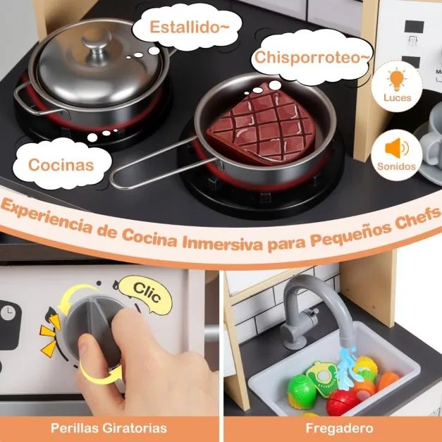 Cozinha de brincar para crianças 75 x 36 x 96 cm de madeira com som e luz Fogão Pia Exaustor Acessórios de cozinha cinza e natural