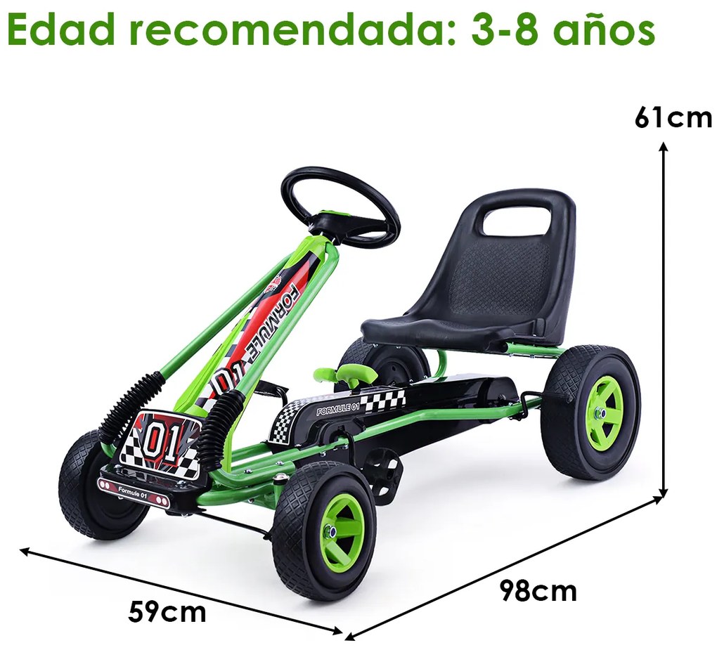 Kart pedais para Crianças Carro de Pedal com Rodas de Borracha Embreagem e travão 98 x 59 x 61 cm Verde