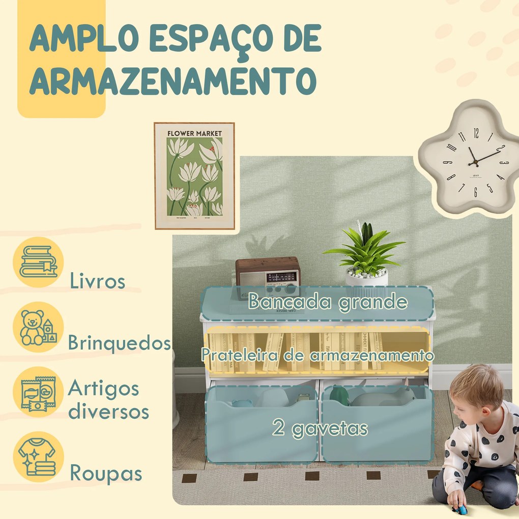 Organizador de Brinquedos Móvel de Arrumação Infantil com 2 Gavetas e Compartimento 80x30x45 cm Branco