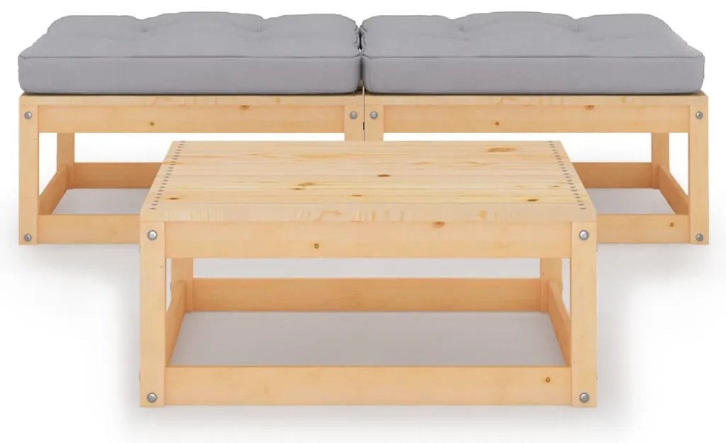 3 pcs conjunto lounge de jardim c/ almofadões pinho maciço