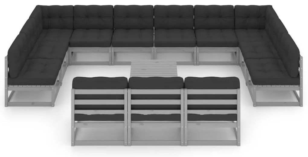 14pcs conjunto lounge de jardim + almofadões pinho maciço cinza