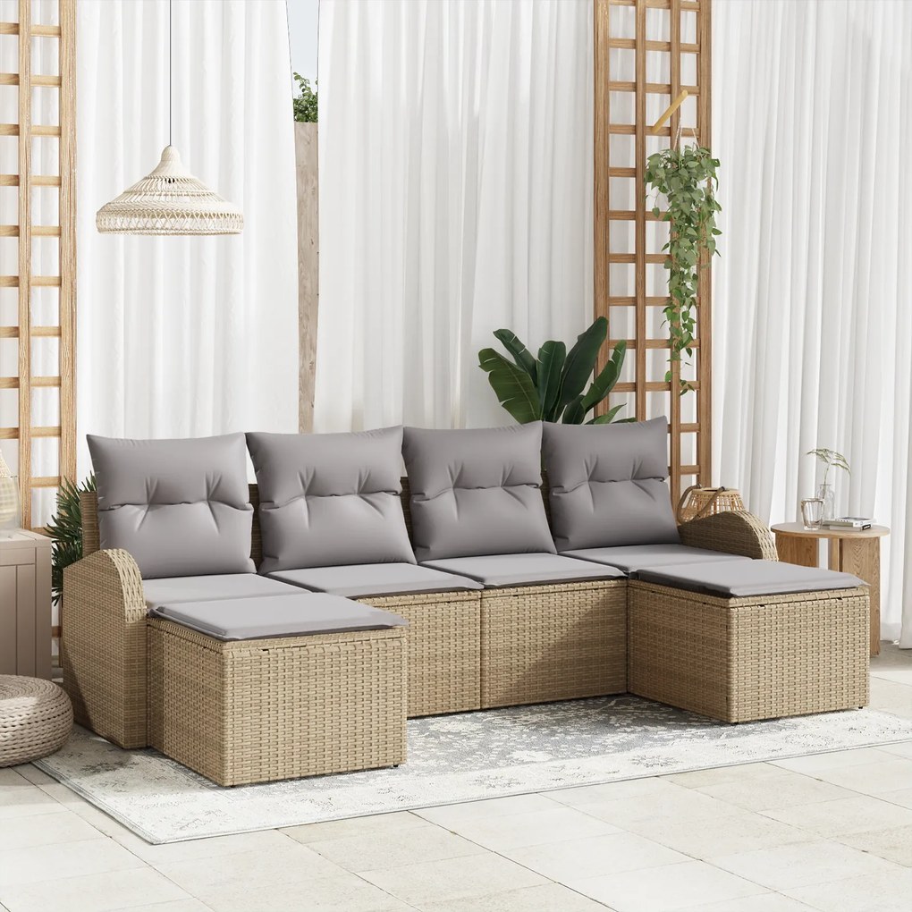 Conjunto de Sofá de Jardim 6 Peças com Almofadas Bege Vime Poliéster,
