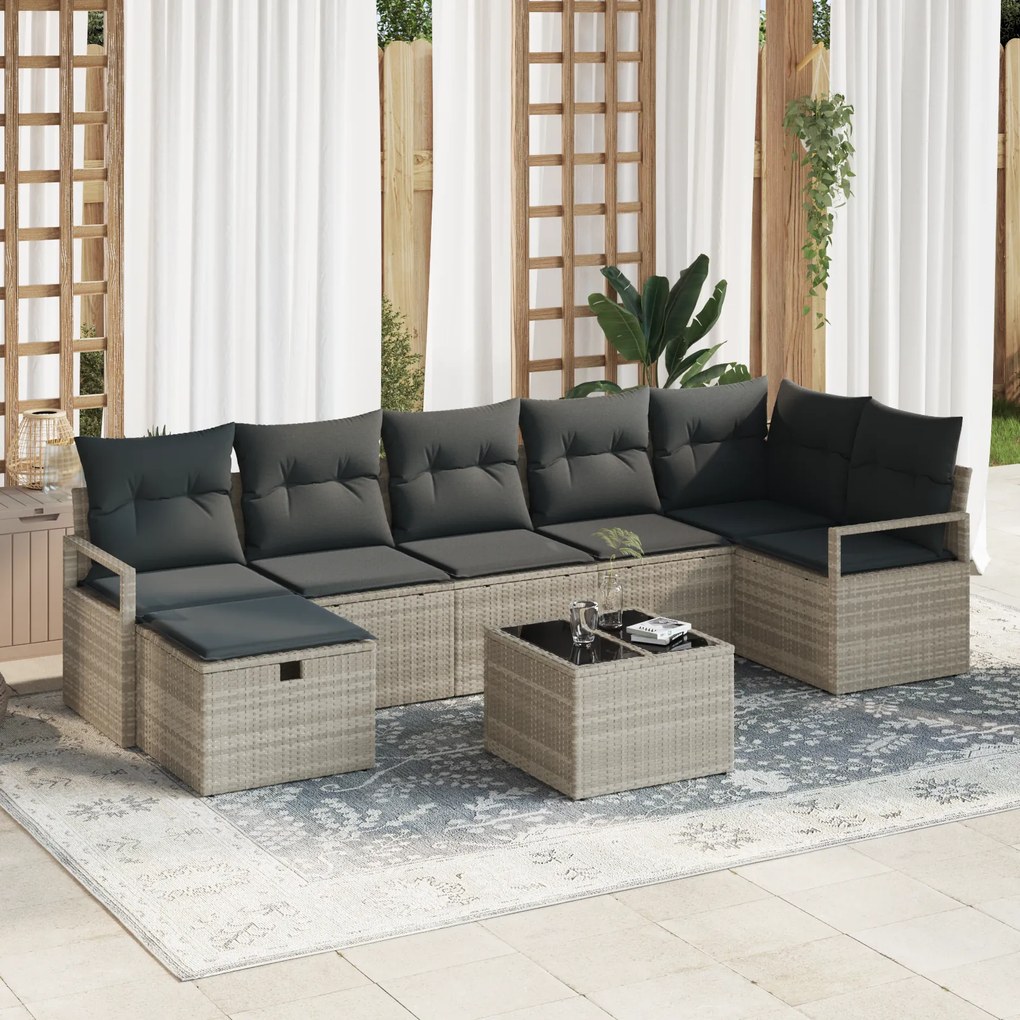 Conjunto de Sofás de Jardim vidaXL de 8 Peças com Almofadas Cinzento Claro Rattan Poliéster