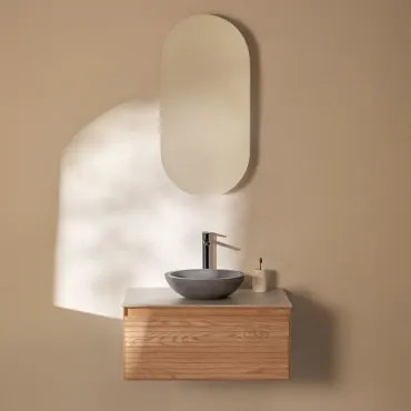Conjunto De Móvel De Casa De Banho Suspenso 80x50 Cm Em Madeira De Freixo Tedrik Castanho Fresno & Cimento Cinzento Redondo Ø40 Cm Tarsis - Sklum