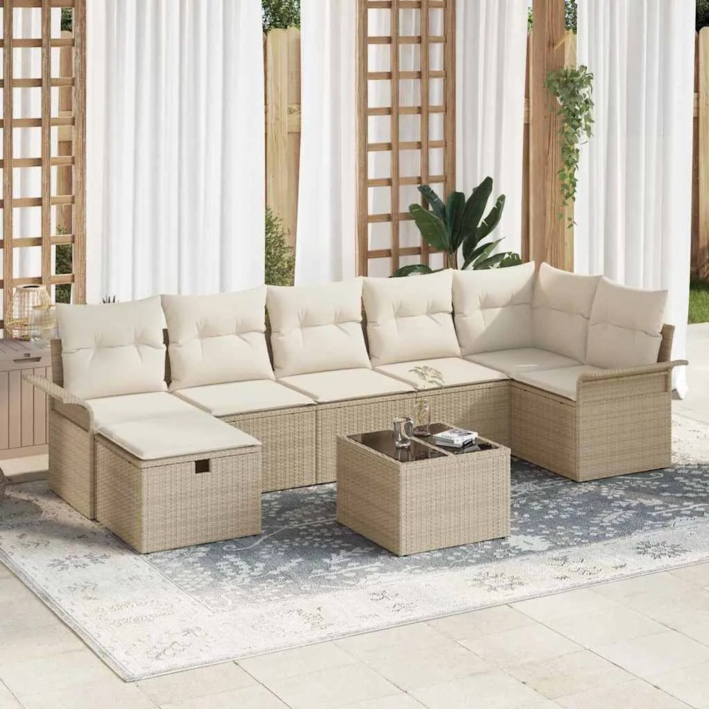 vidaXL Conjunto de Sofá de Jardim com 8 Peças e Almofadas Bege em Rattan Poly