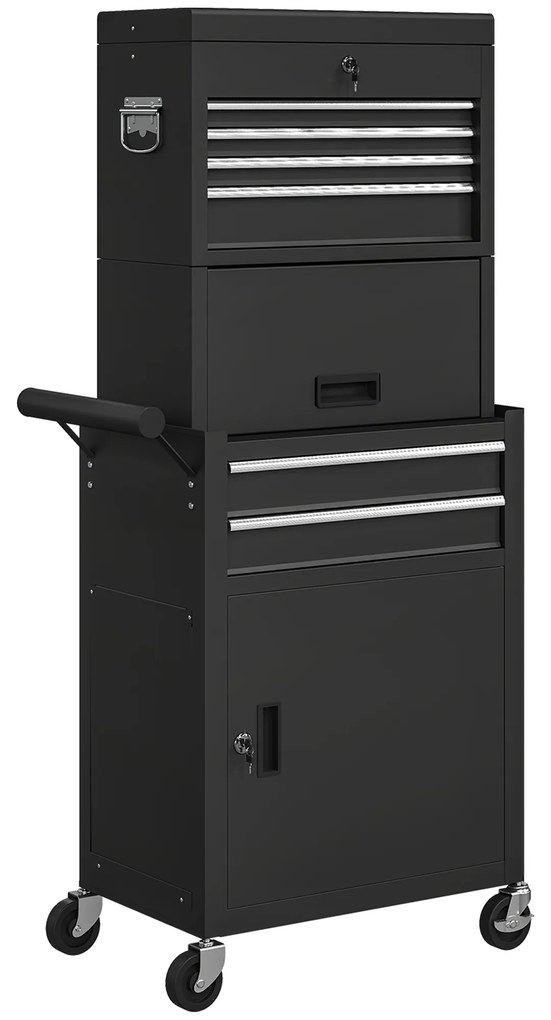 HOMCOM Carrinho de Ferramentas com 6 Gavetas Rodas Painel Lateral Perfurado e Caixa de Ferramentas Desmontável 60,5x33,5x131 cm Preto | Aosom Portugal