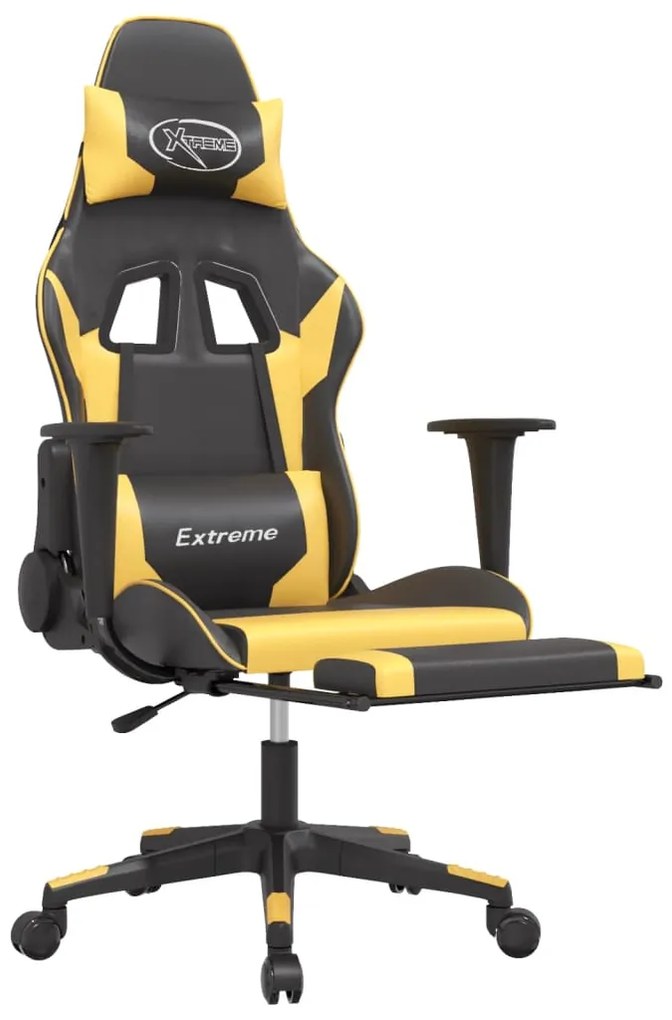 Cadeira gaming c/ apoio pés couro artificial preto e dourado