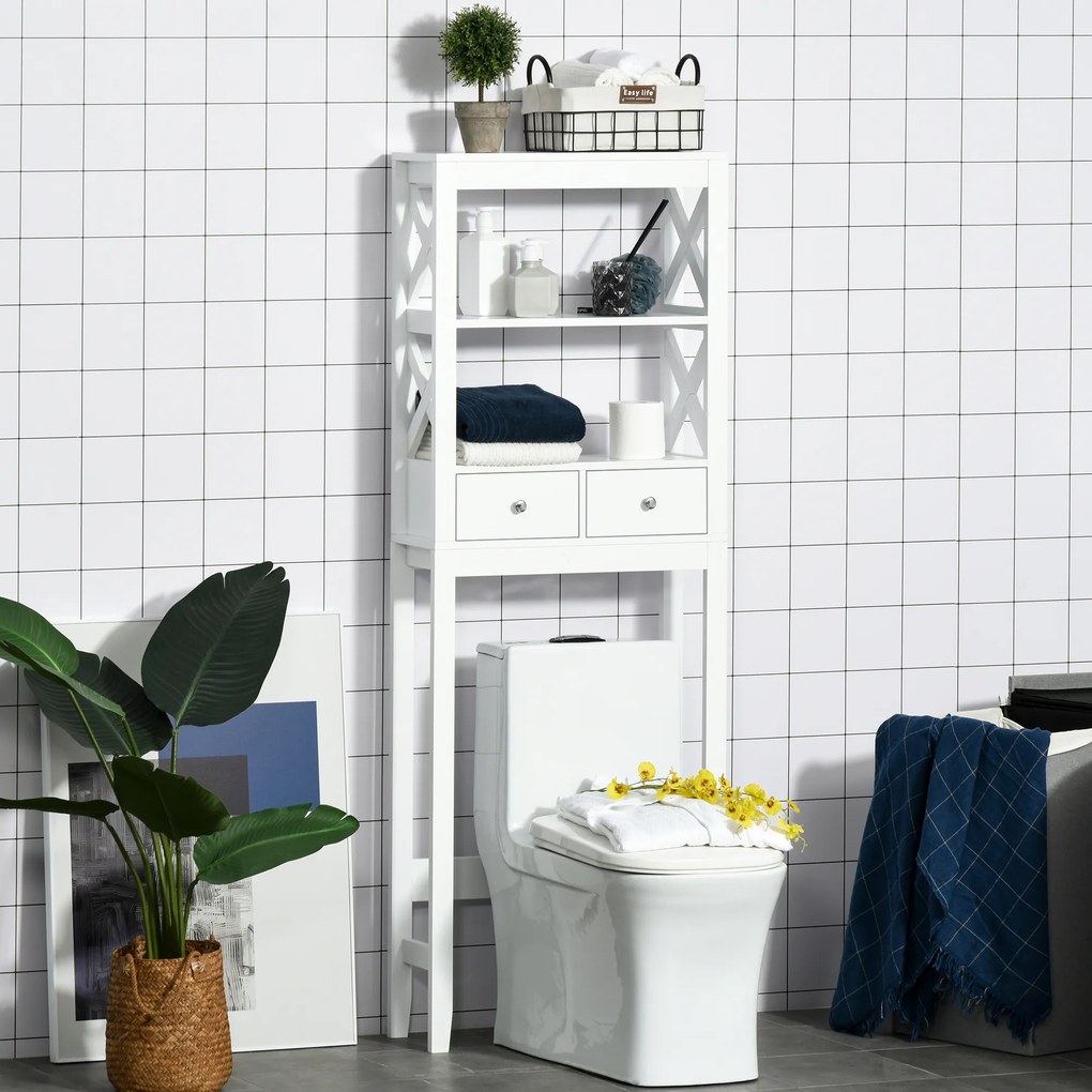 Kleankin Prateleira de banheiro Armário com 3 prateleiras e 2 gavetas com dispositivo anti-queda 60x20x165 cm Branco