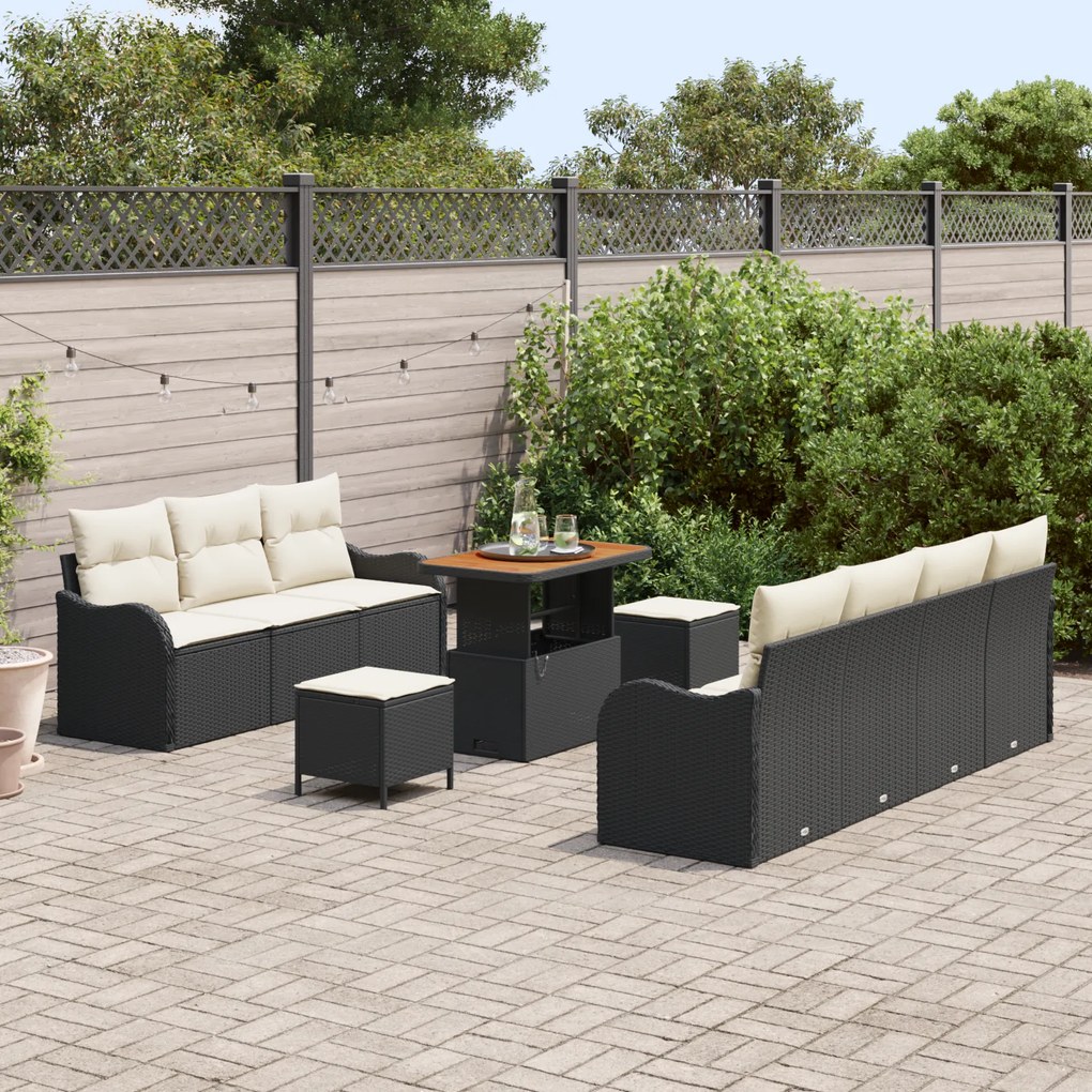 Conjunto de Sofá de Jardim vidaXL 10 Peças com Almofadas Preto Vime Si