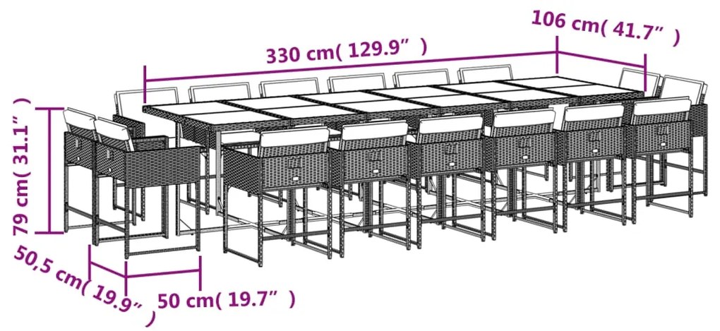 17 pcs conj. jantar jardim c/ almofadões vime PE cinzento-claro