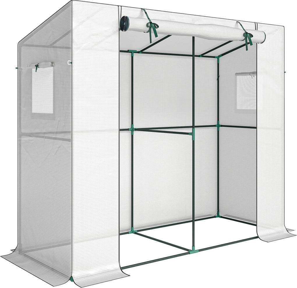 Outsunny Mini-estufa, estufa encostada com porta enrolável e janelas de tela, resistente aos UV, para flores, mudas, plantas, Branco | Aosom Portugal