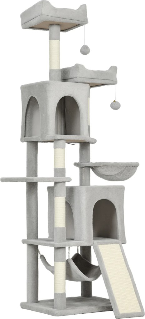 PawHut Arranhador para Gatos 177 cm com 2 Tocas, Torre Multinível com Camas, Redes, Postes em Sisal e Bolas, Cinzento-Claro | Aosom Portugal