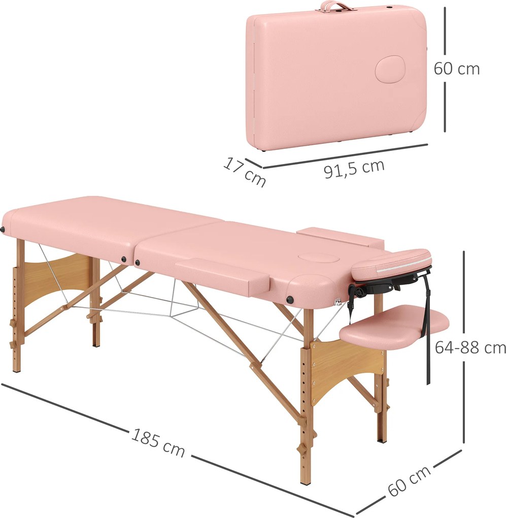Marquesa de Massagem Dobrável Marquesa com Altura Ajustável Desenho Ergonómico 185x60x64-88 cm Rosa
