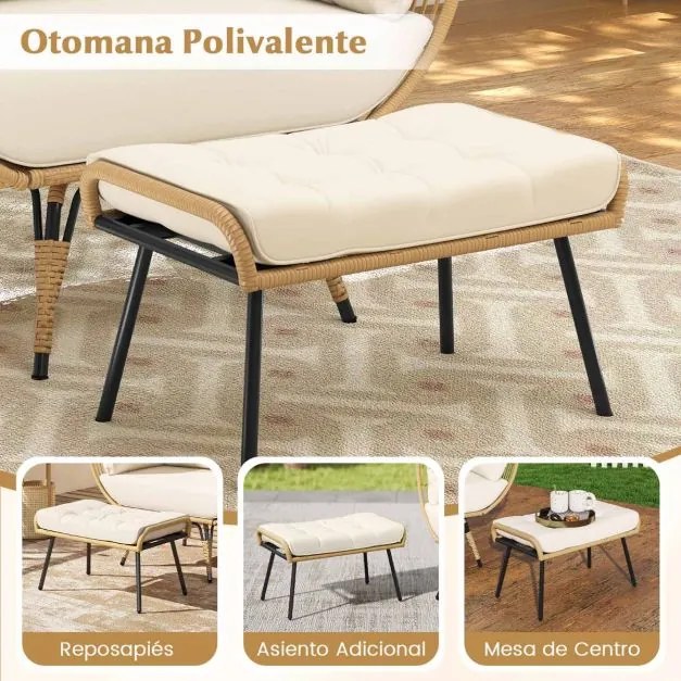 Cadeira Ovo Jardim com Pufe Conjunto de 2 peças de vime com almofadas macias e apoio para os pés Castanho claro