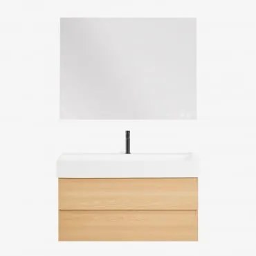 Conjunto De Móvel De Casa De Banho Suspenso Em Madeira E Folha De Freixo Com Lavatório Integrado Ona Madeira Natural & Retangular - Sklum