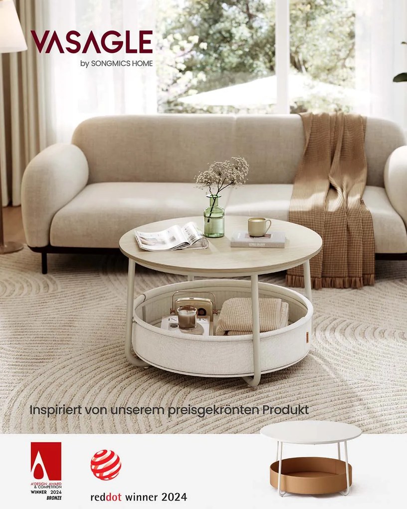 Mesa de centro redonda com cesto em tecido 75 x 45 cm bege natural + branco creme