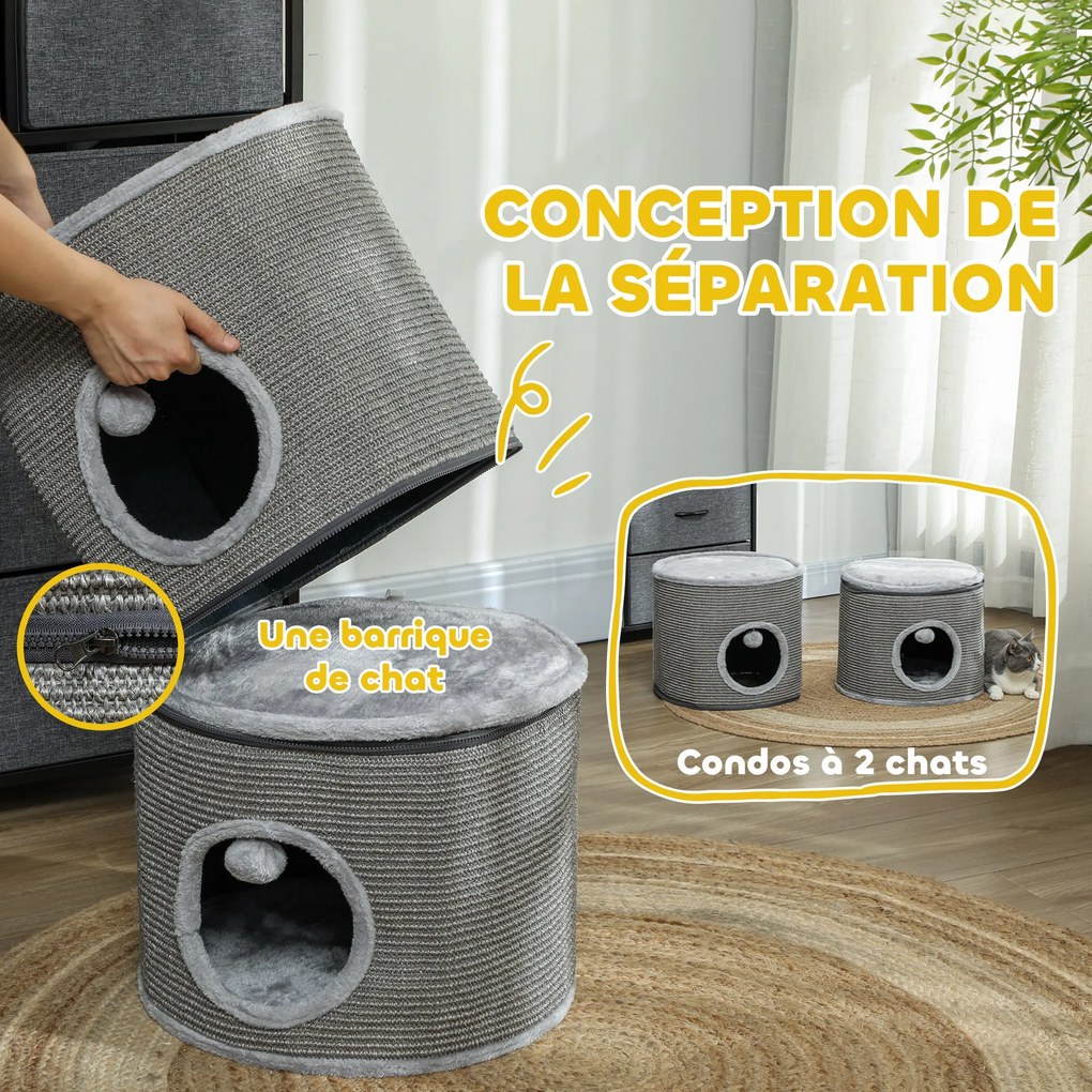 Cama para gatos modular em forma de barril com arranhador, com fecho de correr, separável, 3 níveis e duas bolas, Ø 42 x 69 cm (altura), cinzento