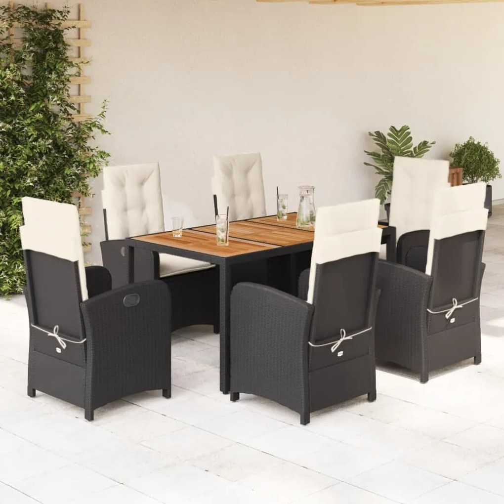 7 pcs conjunto de jantar p/ jardim c/ almofadões vime PE preto