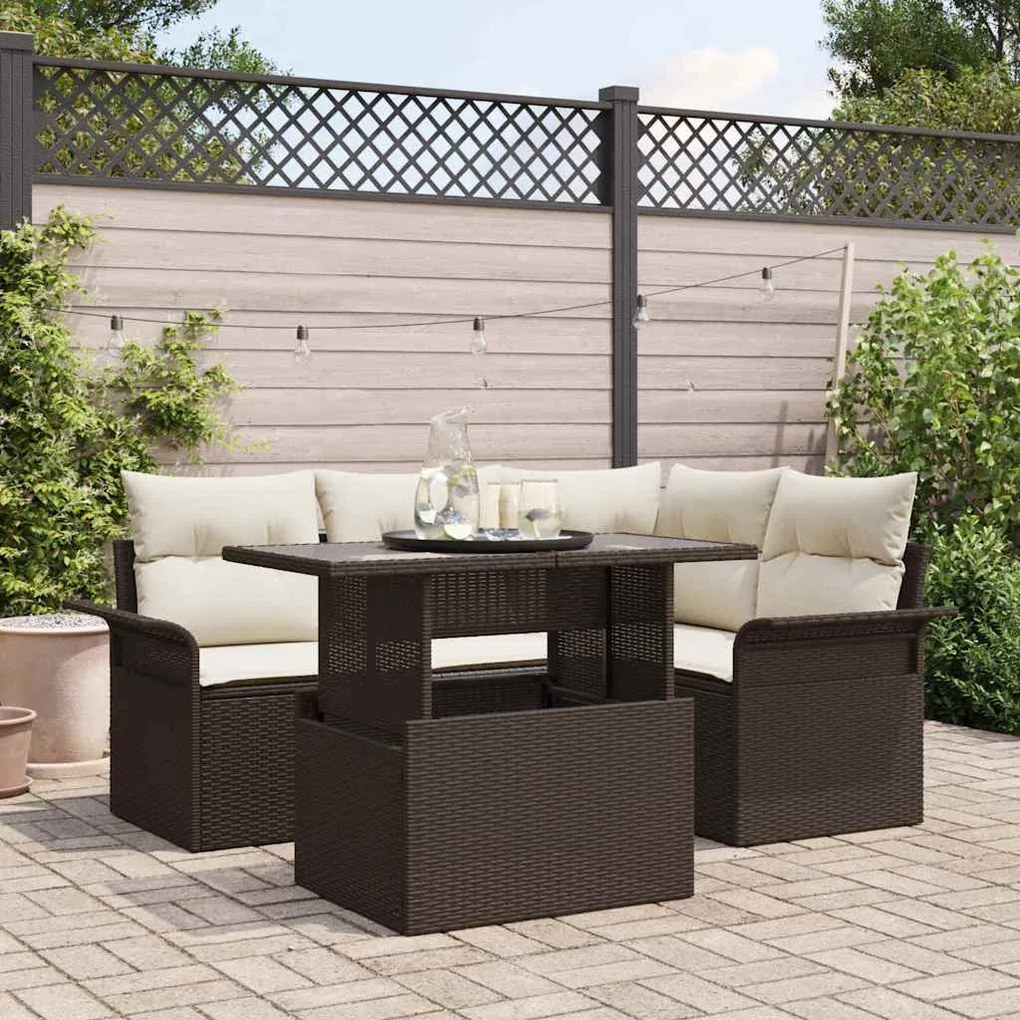 Conjunto de Sofá de Jardim de 5 Peças com Almofadas Castanho Rattan Po
